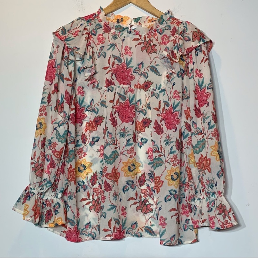 EUC Flying Tomato Floral Print‎ Ruffle Trim Blouse